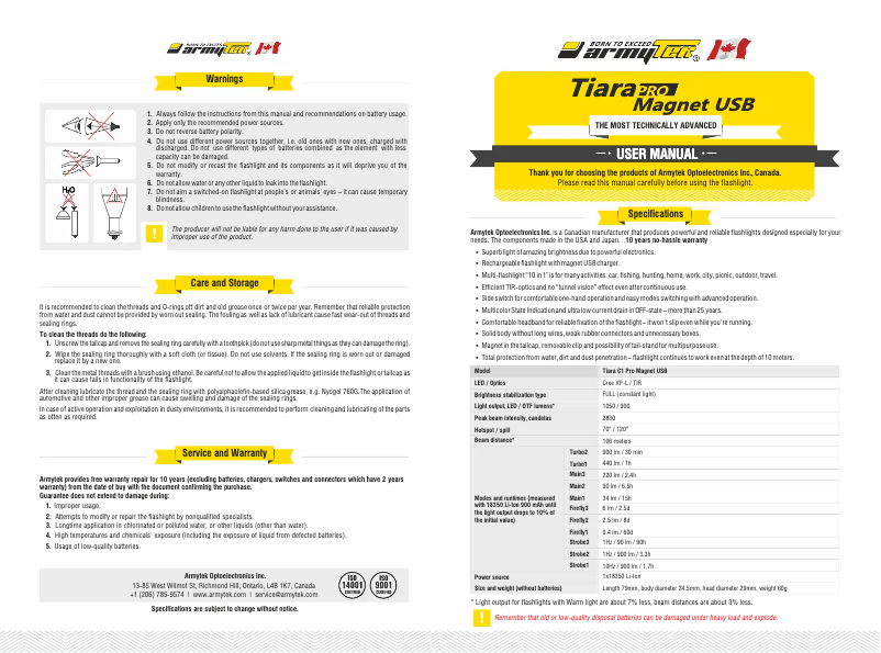 Page n°1 - Manuel utilisateur ArmyTek Tiara C1 Pro