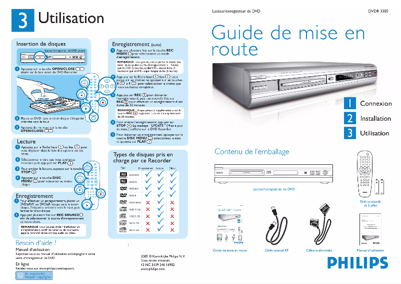 Page 1 de la notice Guide de démarrage rapide Philips DVDR3305