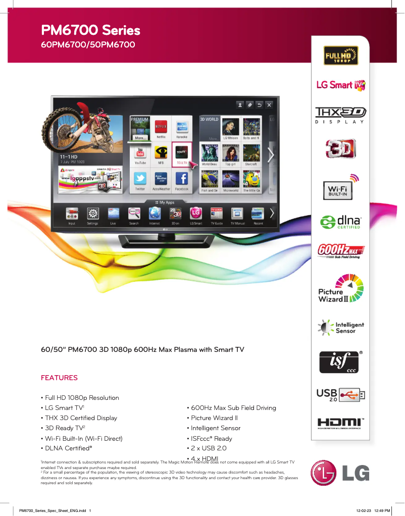 Page 1 de la notice Fiche technique LG 50PM6700