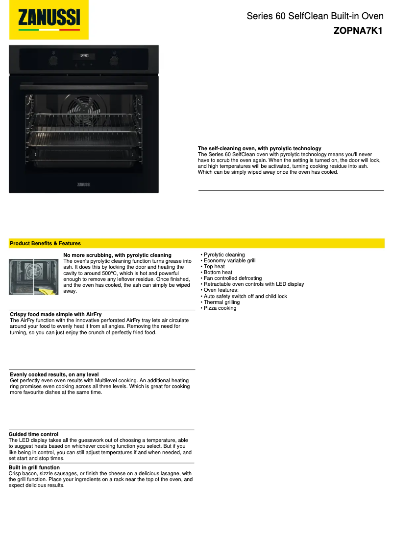 Page 1 de la notice Fiche technique Zanussi ZOPNA7K1