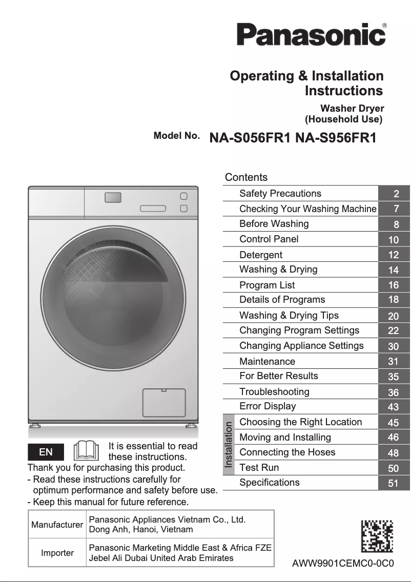 Page n°1 - Manuel utilisateur Panasonic NA-S956FR1