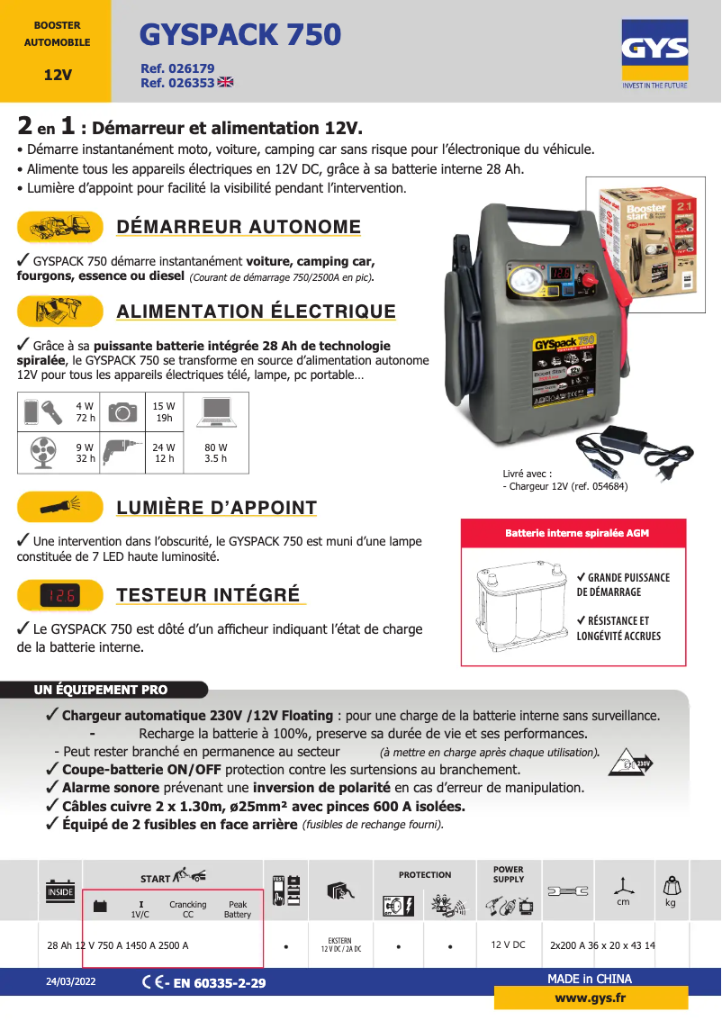 Page 1 de la notice Fiche technique GYS Gyspack 750