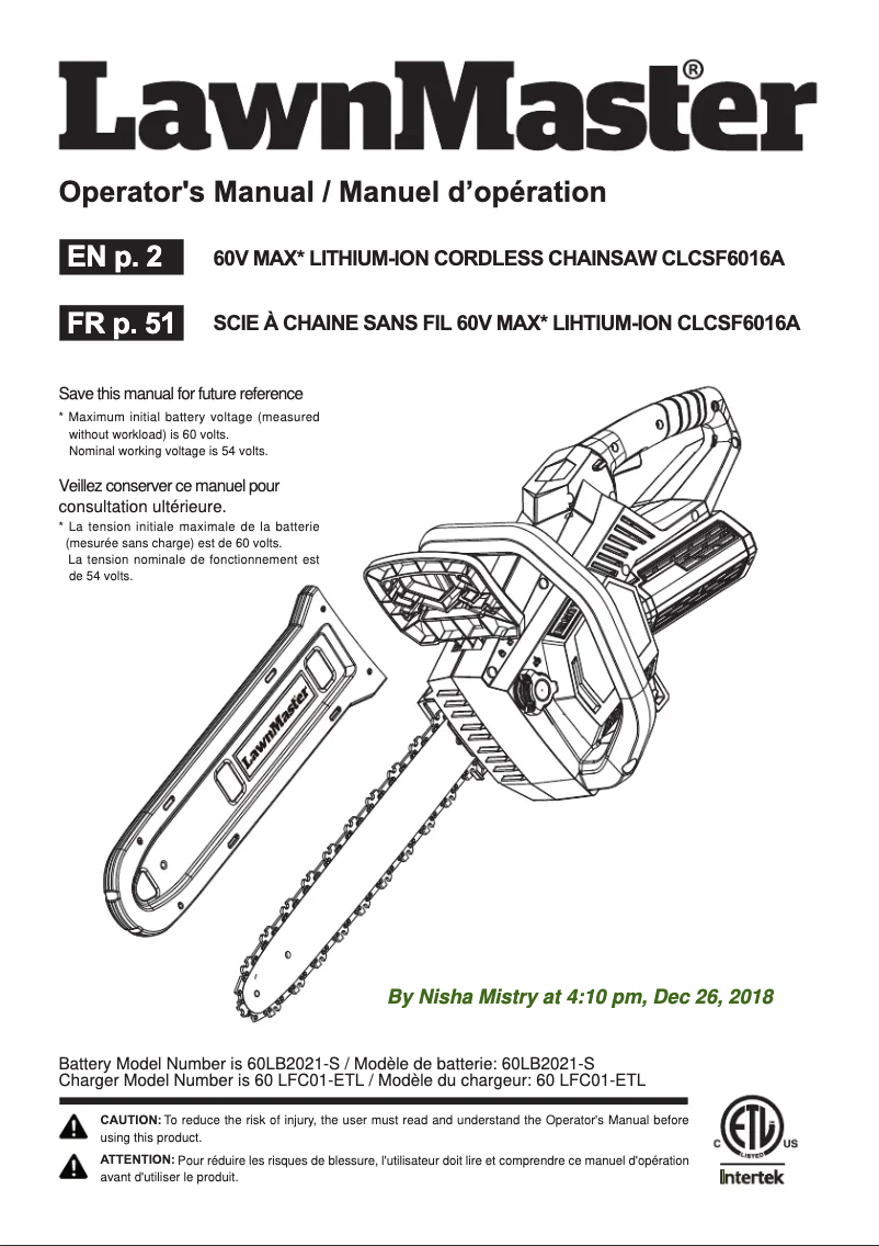 Page n°1 - Manuel utilisateur LawnMaster CLCSF6016A