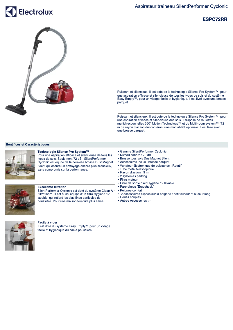 Page 1 de la notice Fiche technique Electrolux ESPC72RR