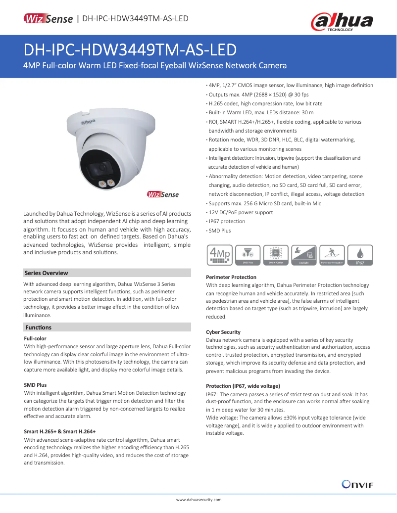 Page 1 de la notice Fiche technique Dahua Technology IPC-HDW3449TM-AS-LED