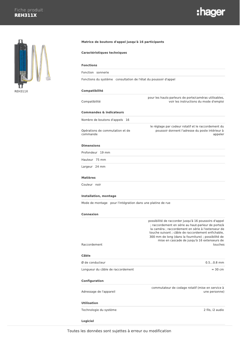Page 1 de la notice Fiche technique Hager REH311X