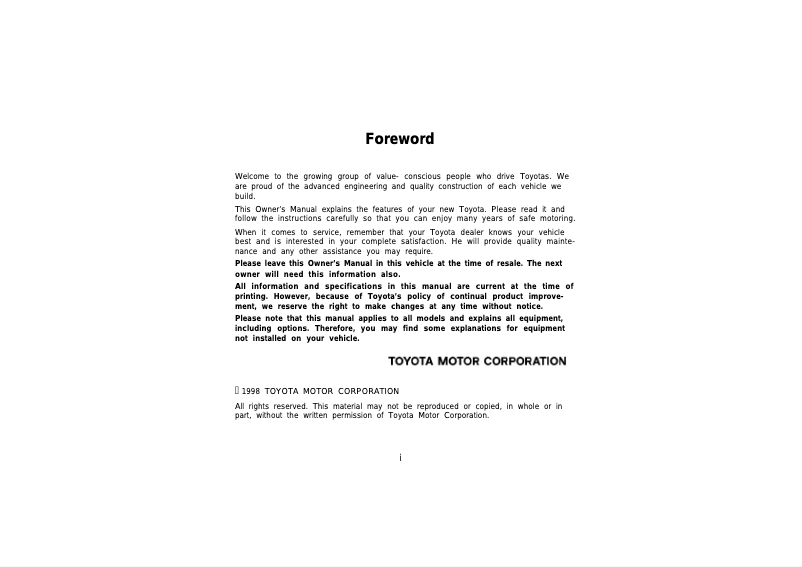 Page 1 de la notice Manuel utilisateur Toyota Land Cruiser (1998)