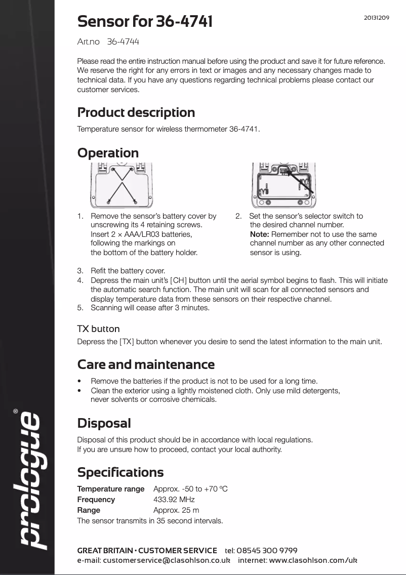 Page 1 de la notice Manuel utilisateur Prologue 36-4744