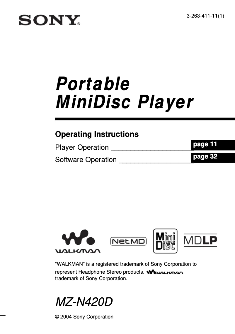 Page 1 de la notice Manuel utilisateur Sony Walkman MZ-N420D