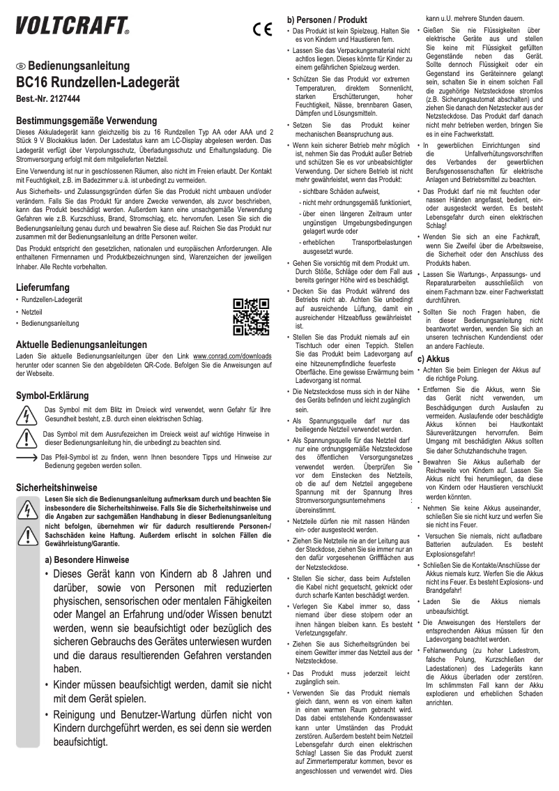 Page 1 de la notice Manuel utilisateur Voltcraft BC16