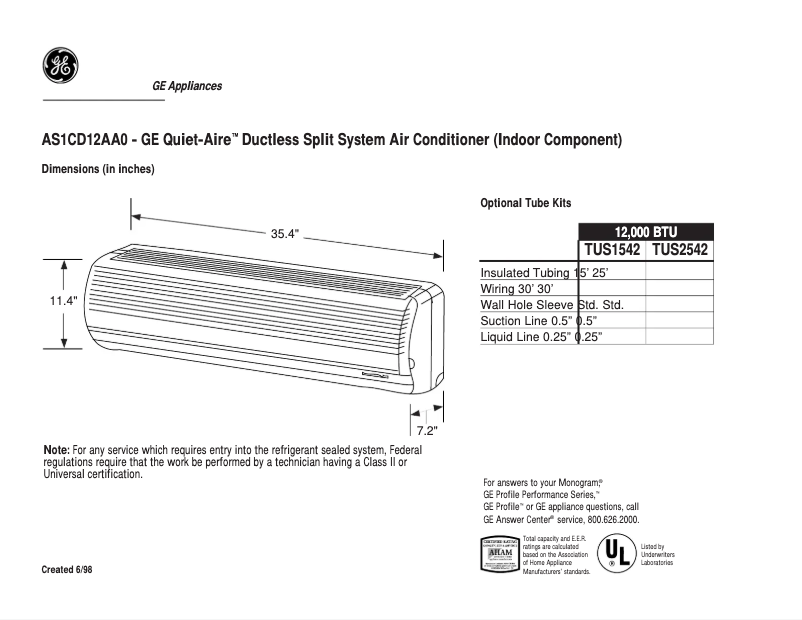 Page n°1 - Fiche technique GE Quiet-Aire AS1CD12AA0