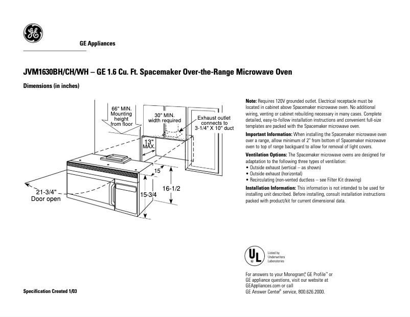 Page 1 de la notice Fiche technique GE JVM1630BH