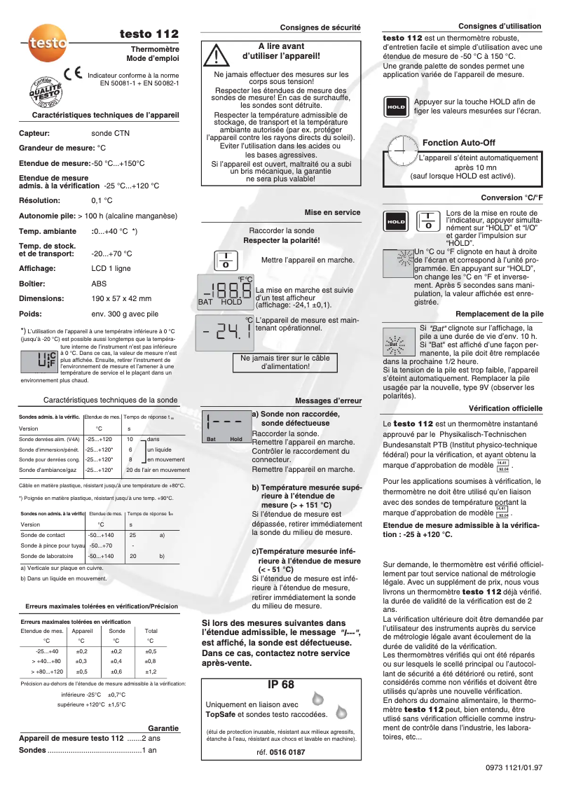 Page 1 de la notice Manuel utilisateur Testo 112