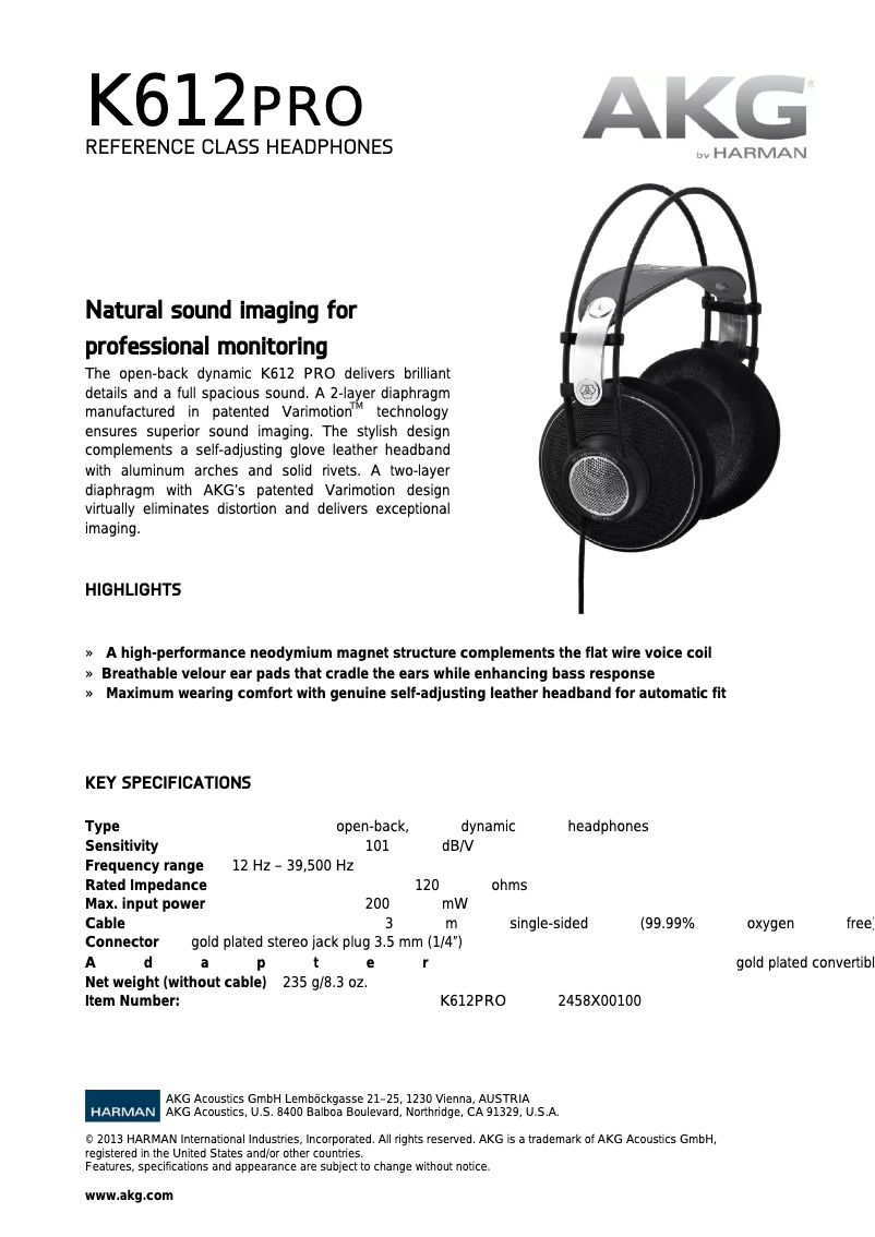 Page n°1 - Fiche technique AKG K612 PRO