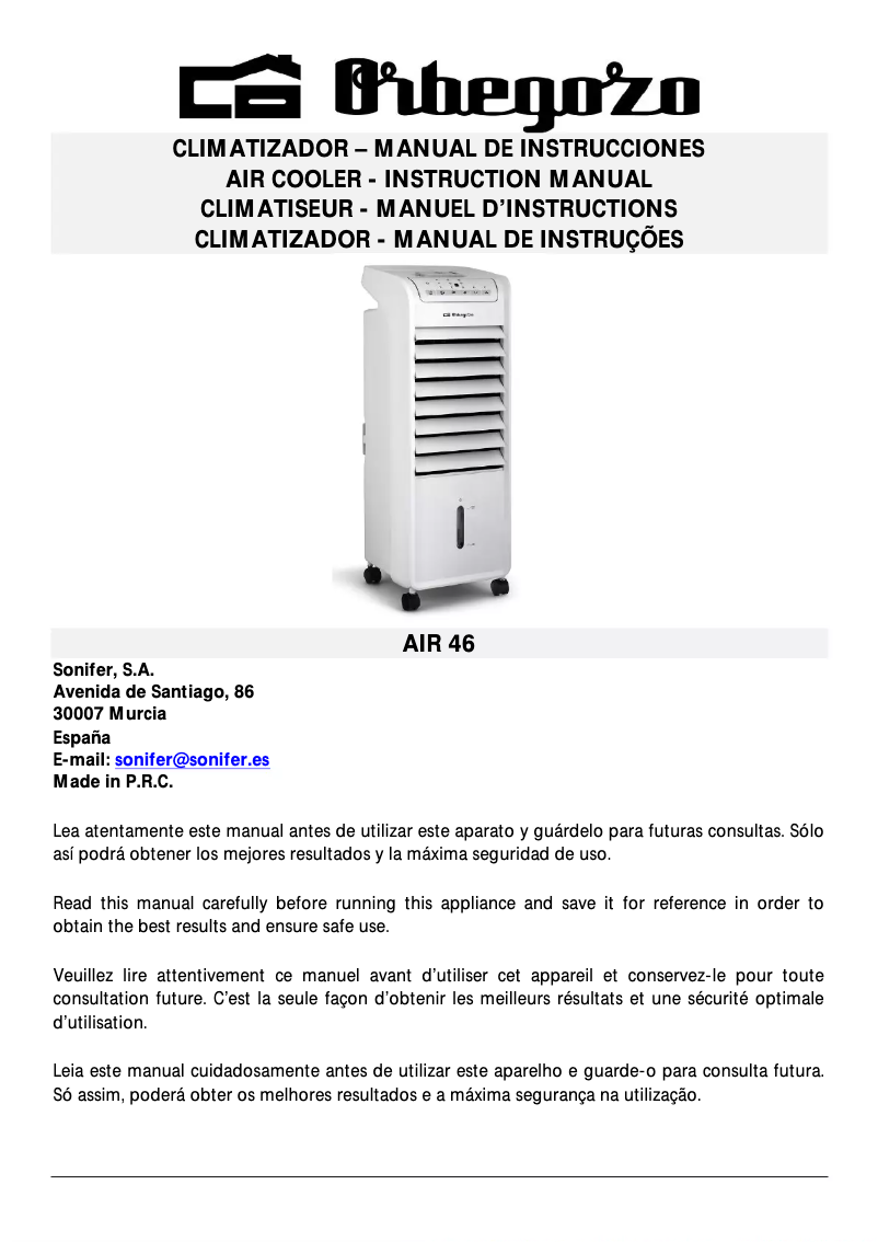 Page 1 de la notice Manuel utilisateur Orbegozo AIR 46