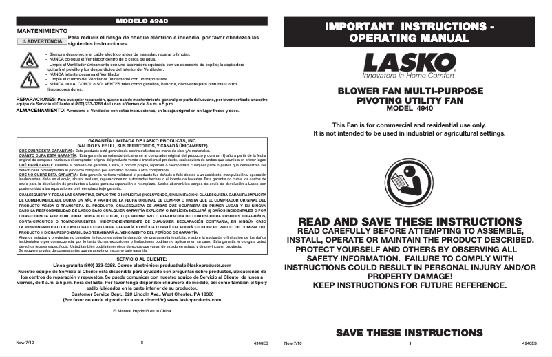 Page 1 de la notice Manuel utilisateur Lasko High Velocity 4940