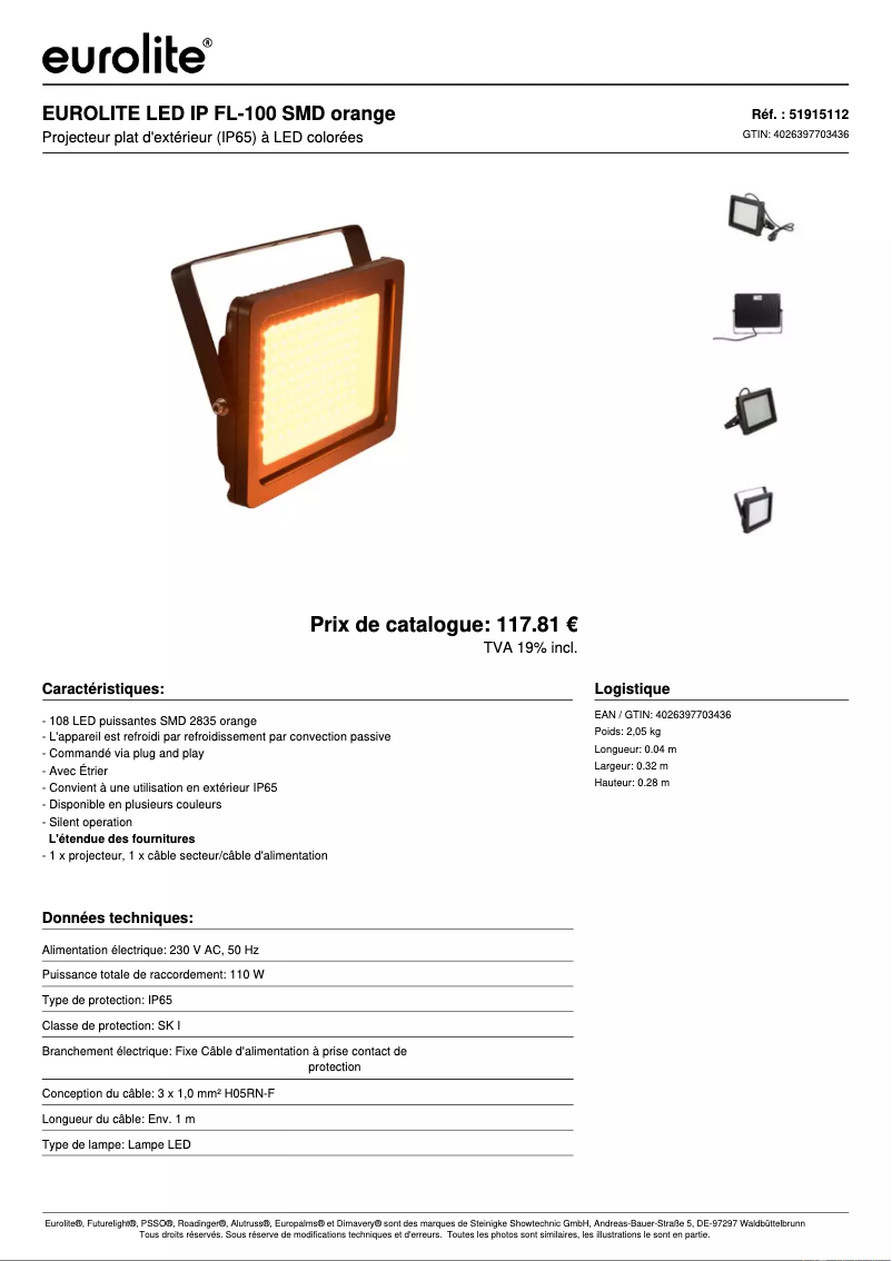 Page 1 de la notice Fiche technique Eurolite LED IP FL-100