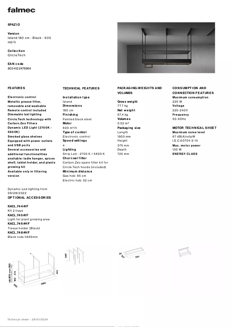 Page 1 de la notice Fiche technique Falmec Spazio