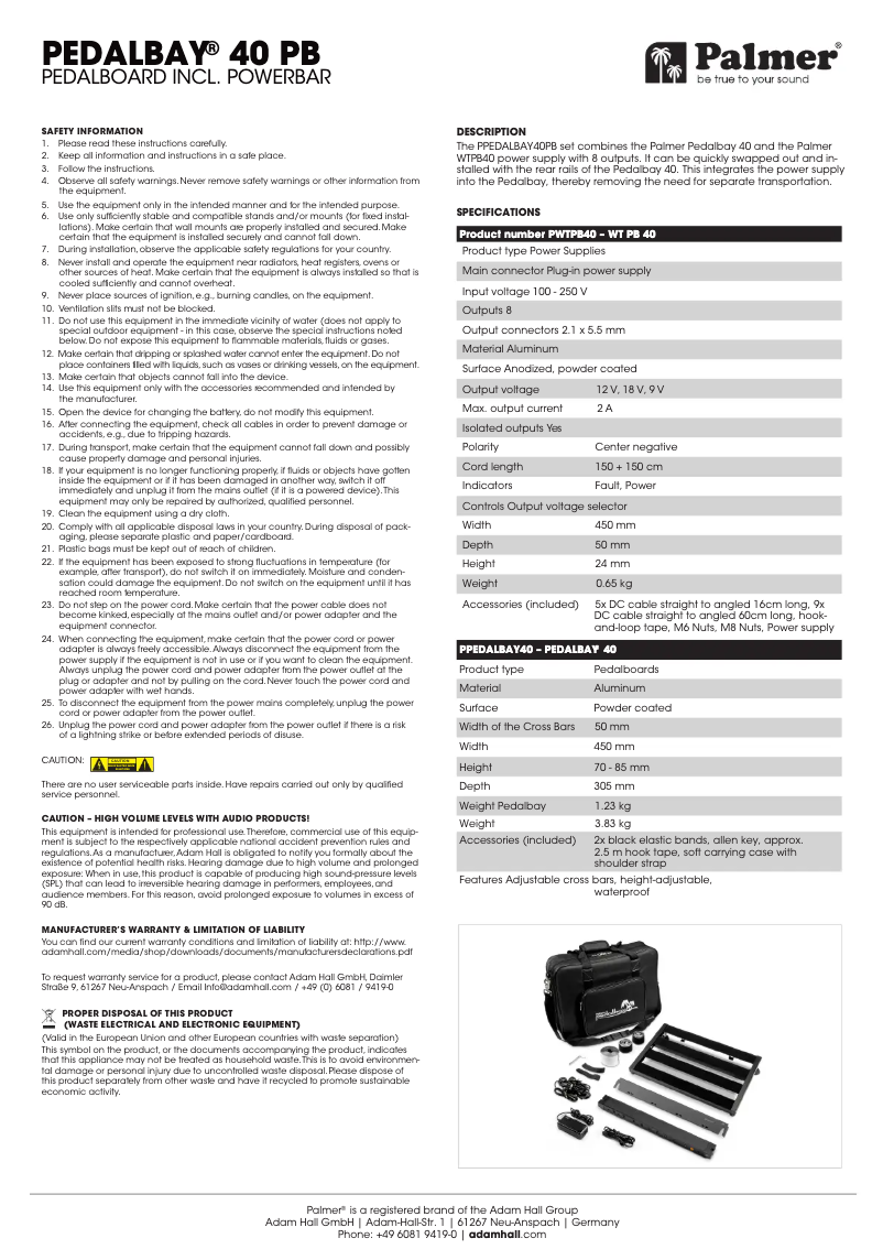 Page n°1 - Manuel utilisateur Palmer PedalBay 40