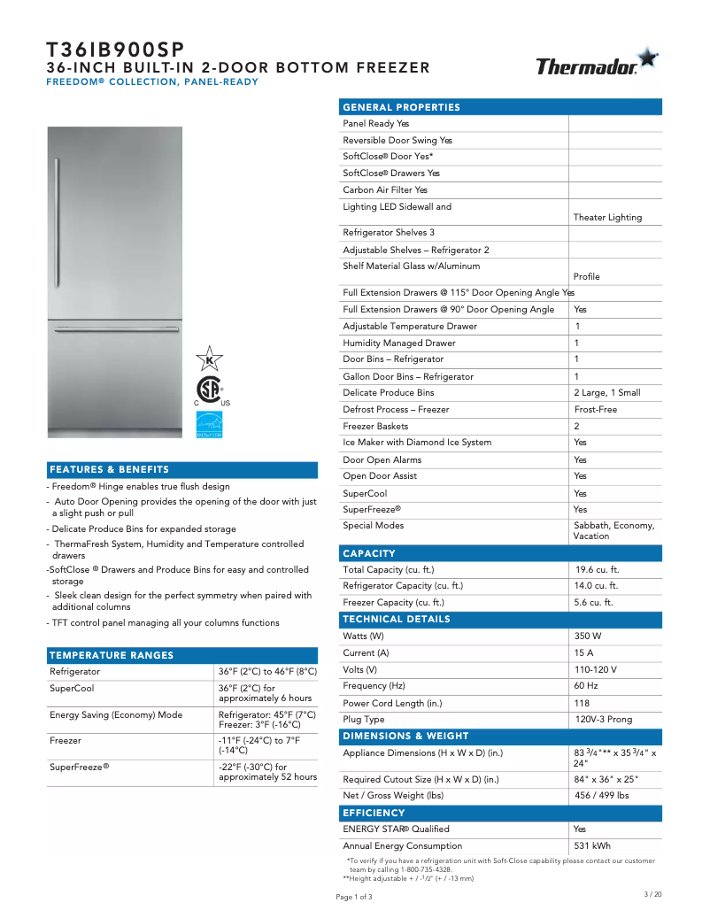 Page 1 de la notice Fiche technique Thermador T36IB900SP