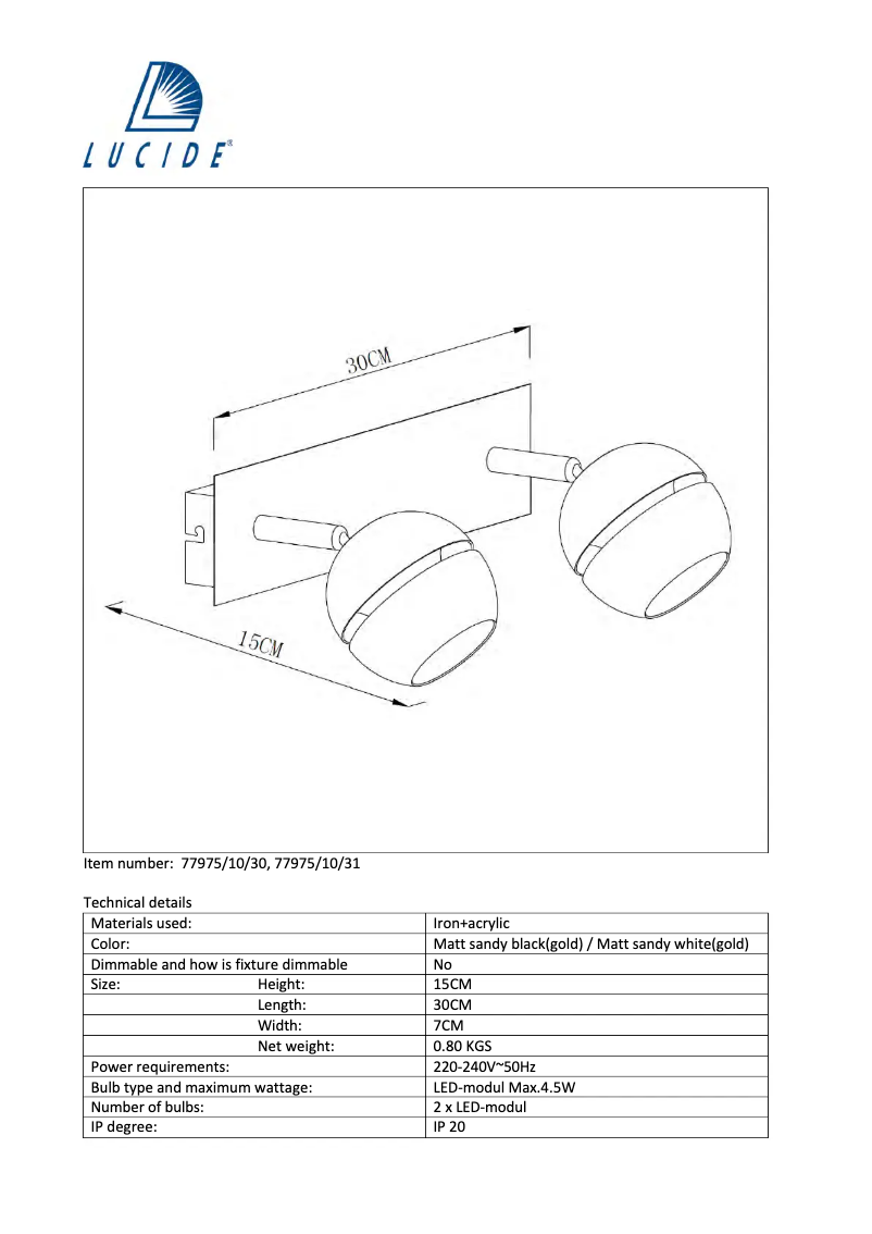 Page 1 de la notice Manuel utilisateur Lucide Binari 77975/10/31