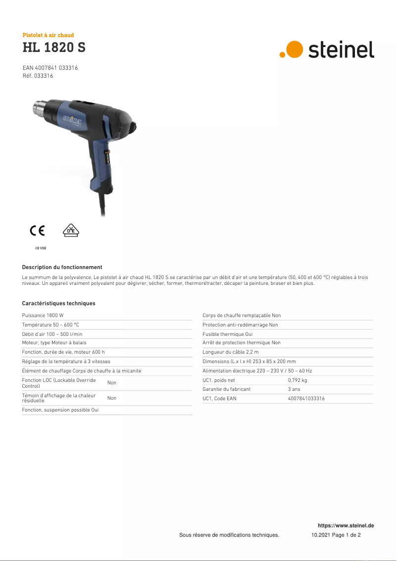 Page 1 de la notice Fiche technique Steinel HL 1820 S