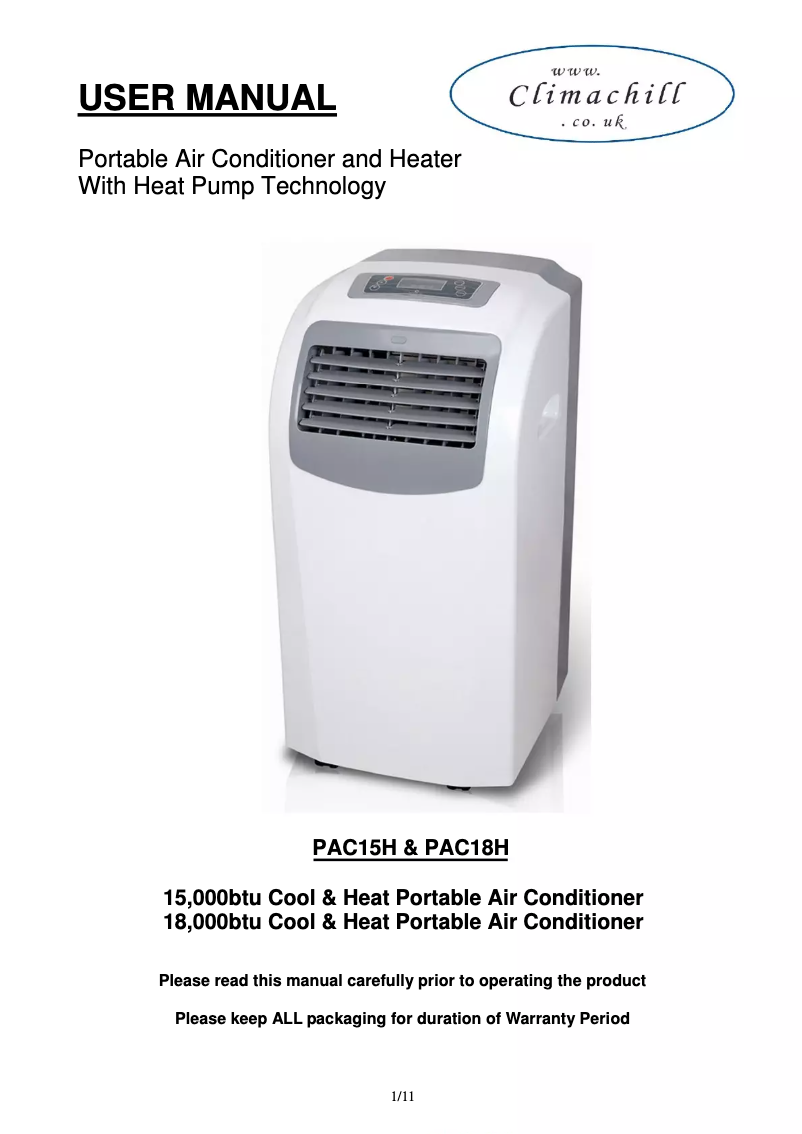 Página 1 del manual Manual de usuario Climachill PAC18H