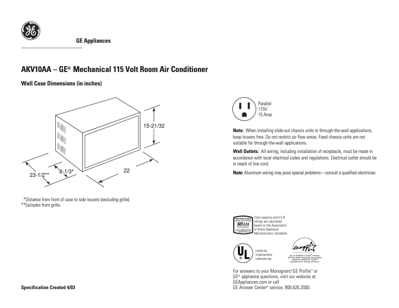 Page n°1 - Fiche technique GE AKV10AA