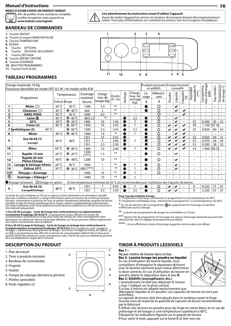 Page n°1 - Manuel d'utilisation et d'entretien Indesit BDE 107436 WKV EE