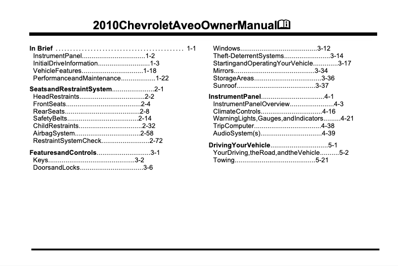 Page 1 de la notice Manuel utilisateur Chevrolet Aveo Sedan (2010)
