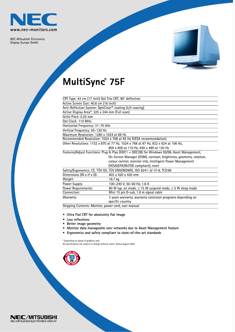 Imagen de la primera página del manual del dispositivo MultiSync 75F