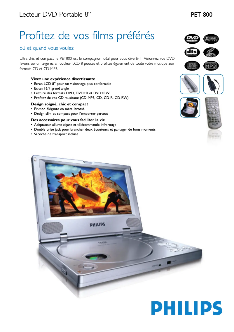 Page 1 de la notice Fiche technique Philips PET800