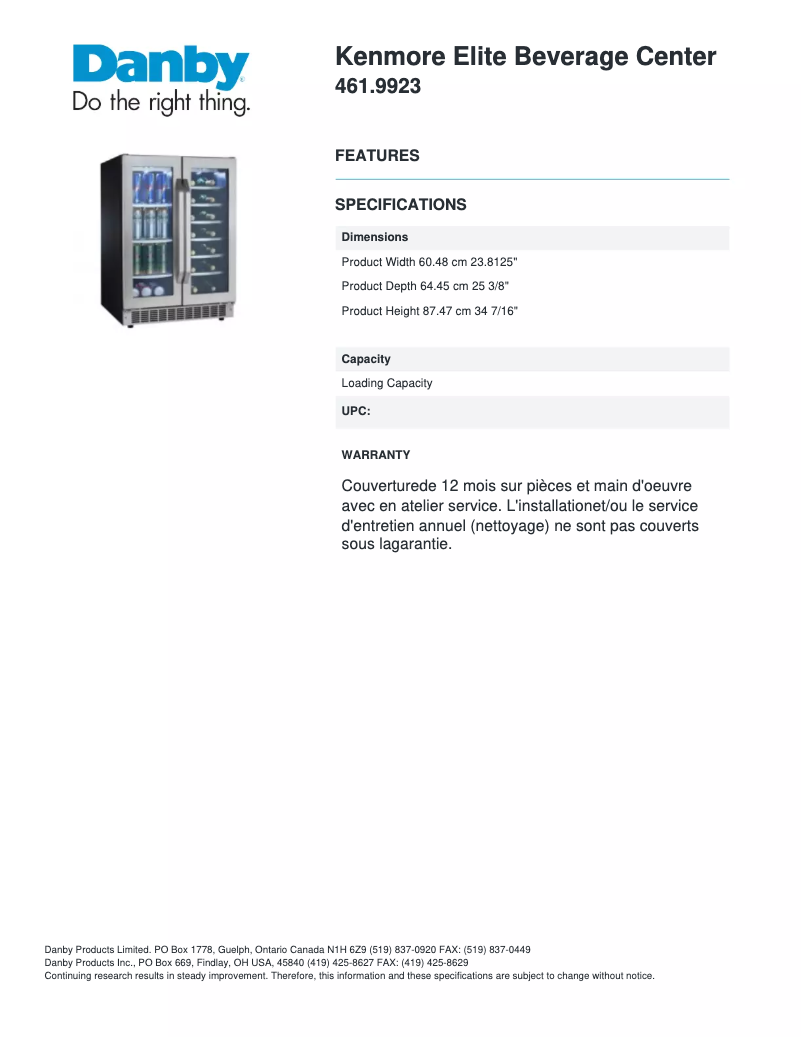 Page 1 de la notice Manuel utilisateur Danby 461.9923