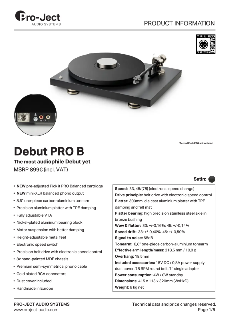 Page n°1 - Fiche technique Pro-Ject Debut PRO B