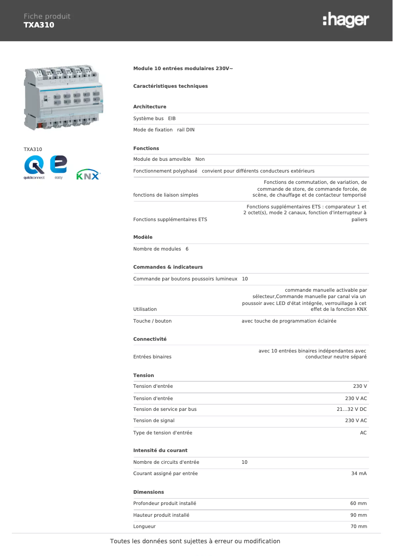 Page 1 de la notice Fiche technique Hager TXA310