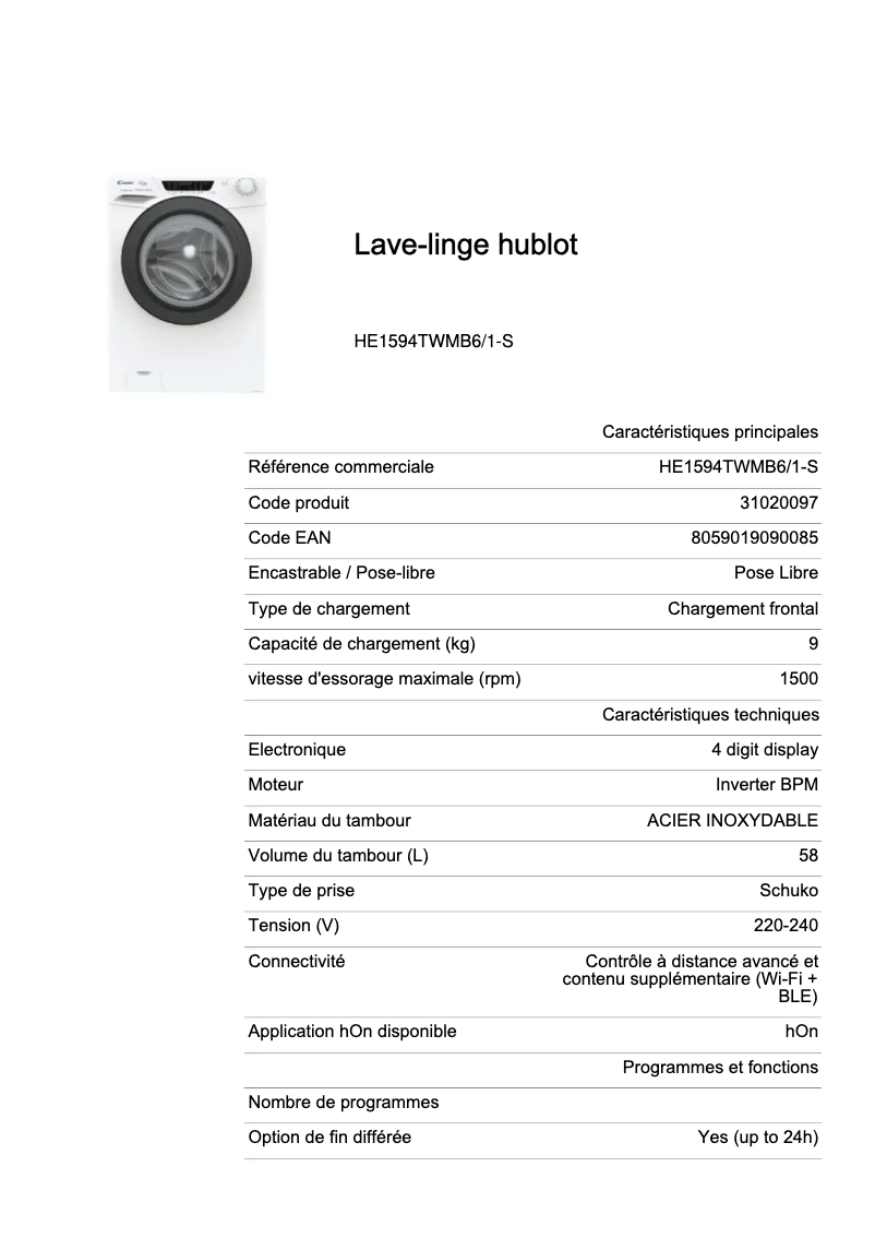 Page 1 de la notice Fiche technique Candy HE1594TWMB6/1-S