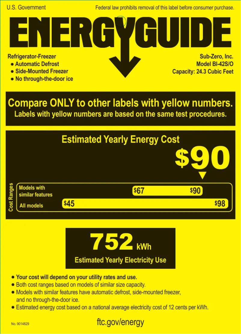 Page 1 de la notice Label énergétique Sub-Zero BI-42O