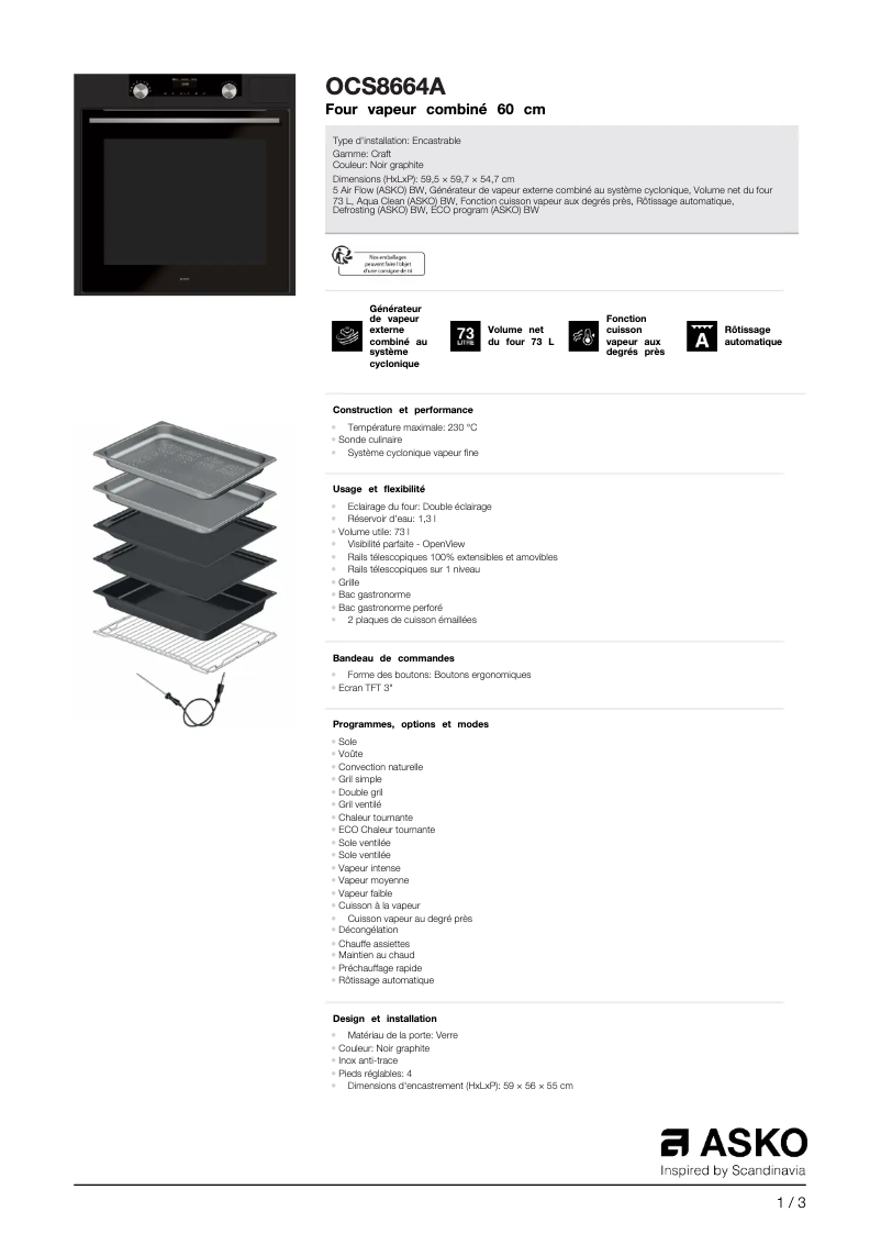 Page 1 de la notice Fiche technique Asko OCS8664A