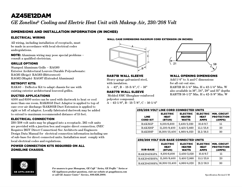 Page 1 de la notice Fiche technique GE AZ45E12DAM