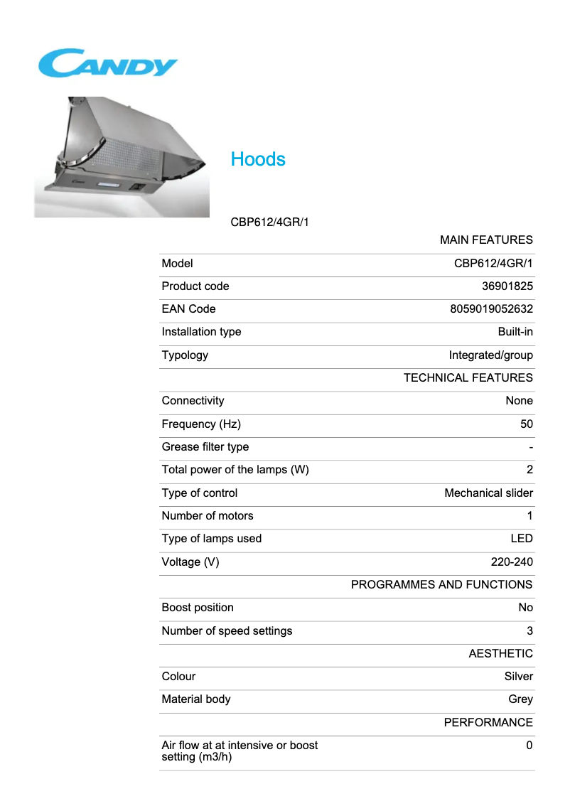 Page 1 de la notice Fiche technique Candy CBP612/4GR/1