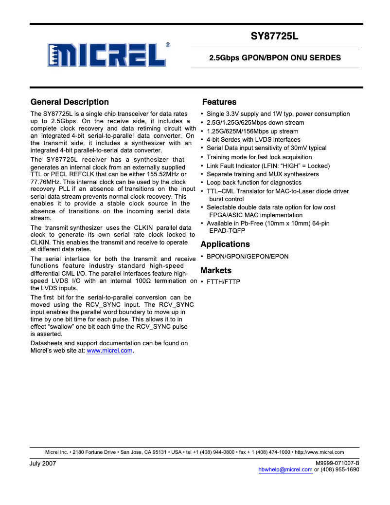 Page 1 de la notice Manuel utilisateur Microchip SY87725L