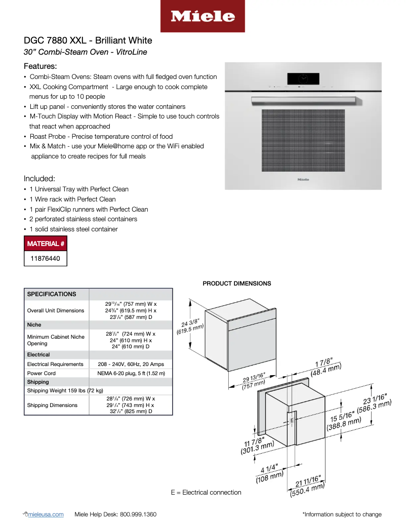 Page 1 de la notice Fiche technique Miele DGC 7880 BRWS XXL