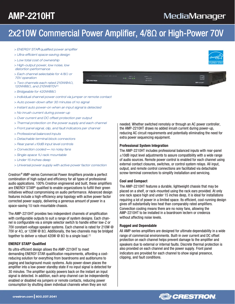 Page n°1 - Fiche technique Crestron AMP-2210HT