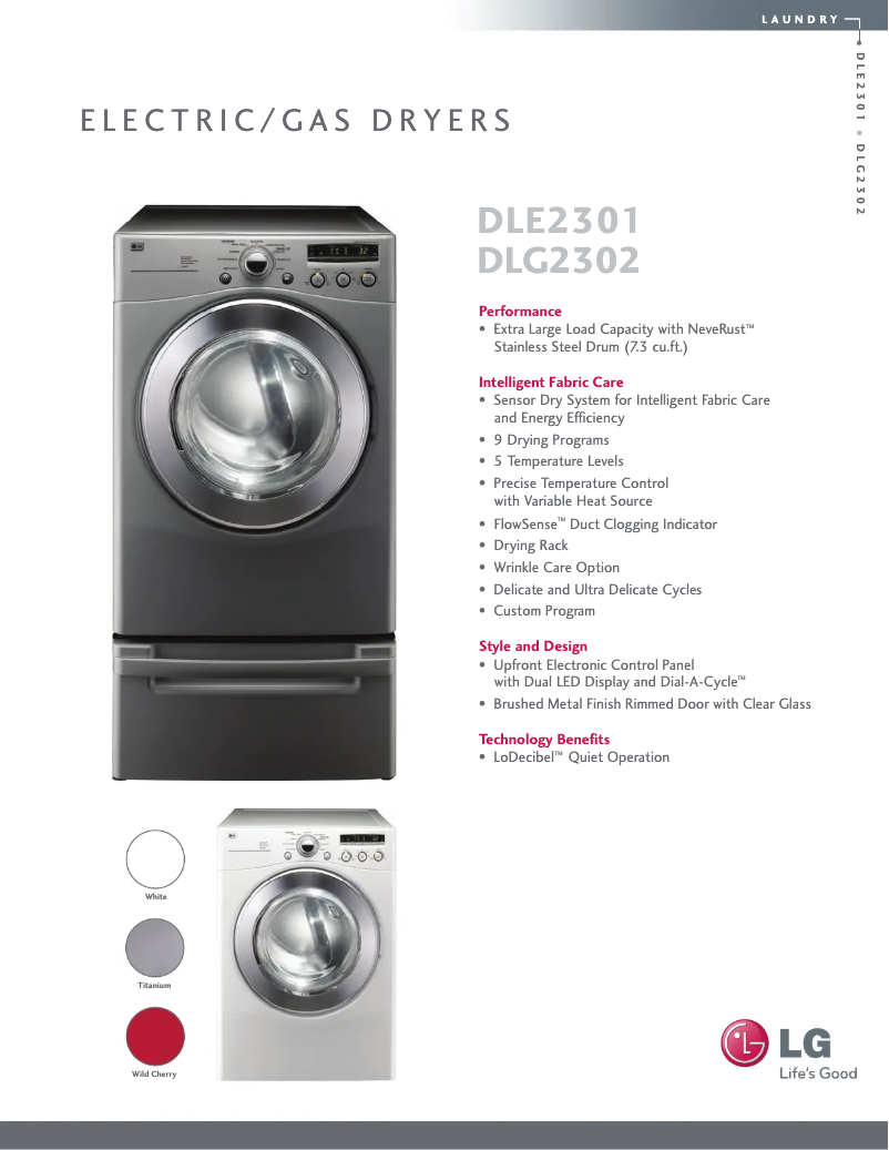 Page 1 de la notice Fiche technique LG DLE2301R