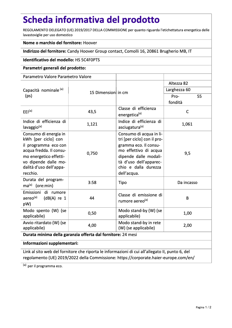 Page n°1 - Fiche technique Hoover HS 5C4F0PTS