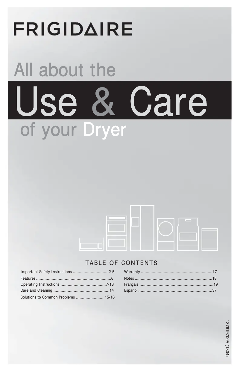 Page 1 of the manual Use and Maintenance Manual Frigidaire FFQE5100PW
