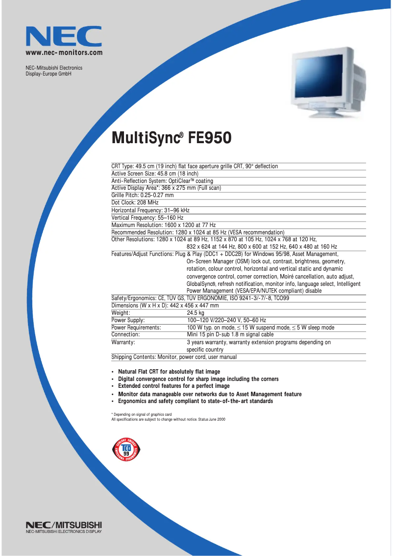 Image de la première page du manuel de l'appareil MultiSync FE950BK