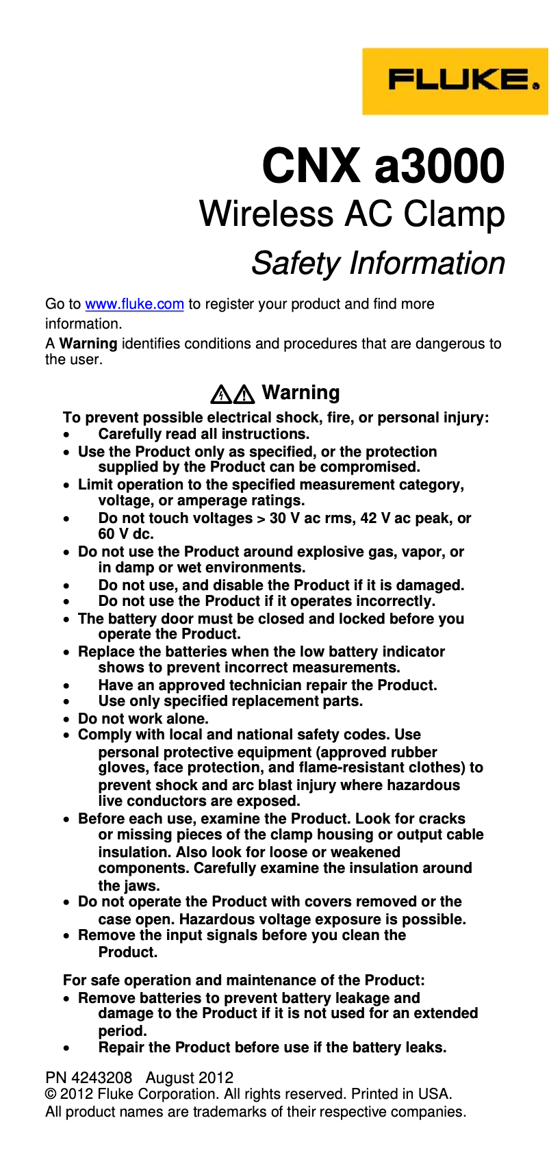 Page 1 de la notice Instructions de sécurité Fluke CNX 3000