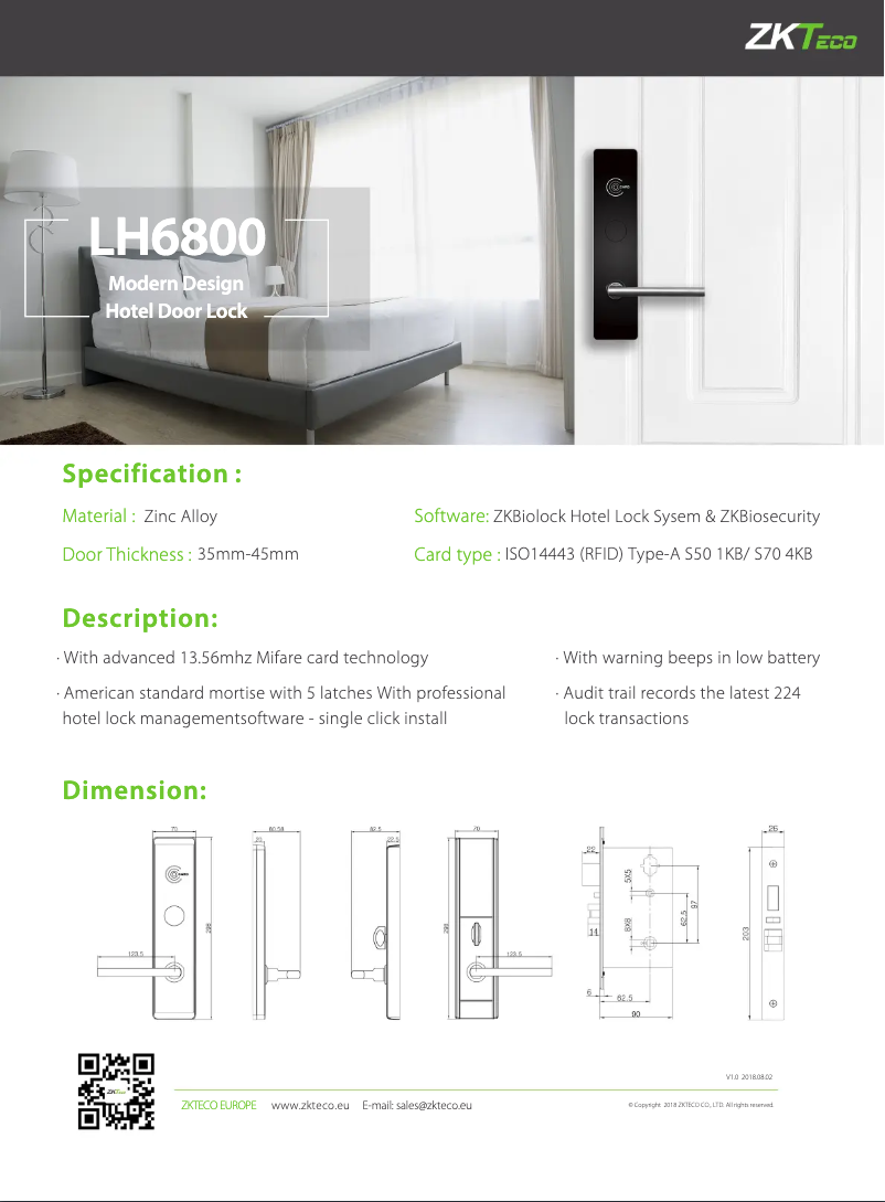 Page 1 de la notice Fiche technique ZKTeco LH6800