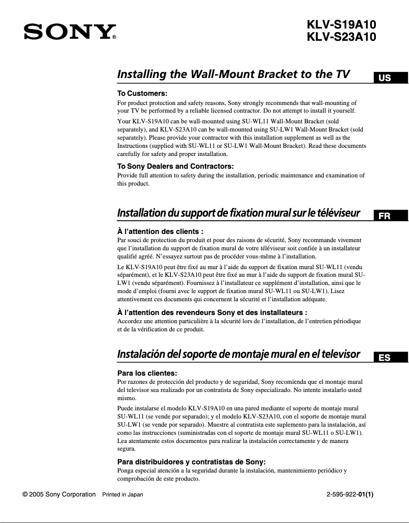 Page 1 de la notice Guide d'installation Sony Wega KLV-S19A10